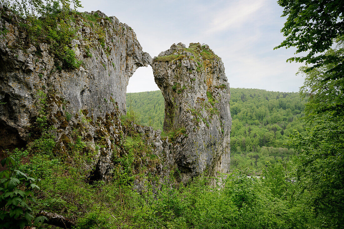 Rock formation &quot;Kissende Sau&quot;, Blaubeuren, Alb-Donau-Kreis, Swabian Jura, Baden-Wuerttemberg, Germany, Europe