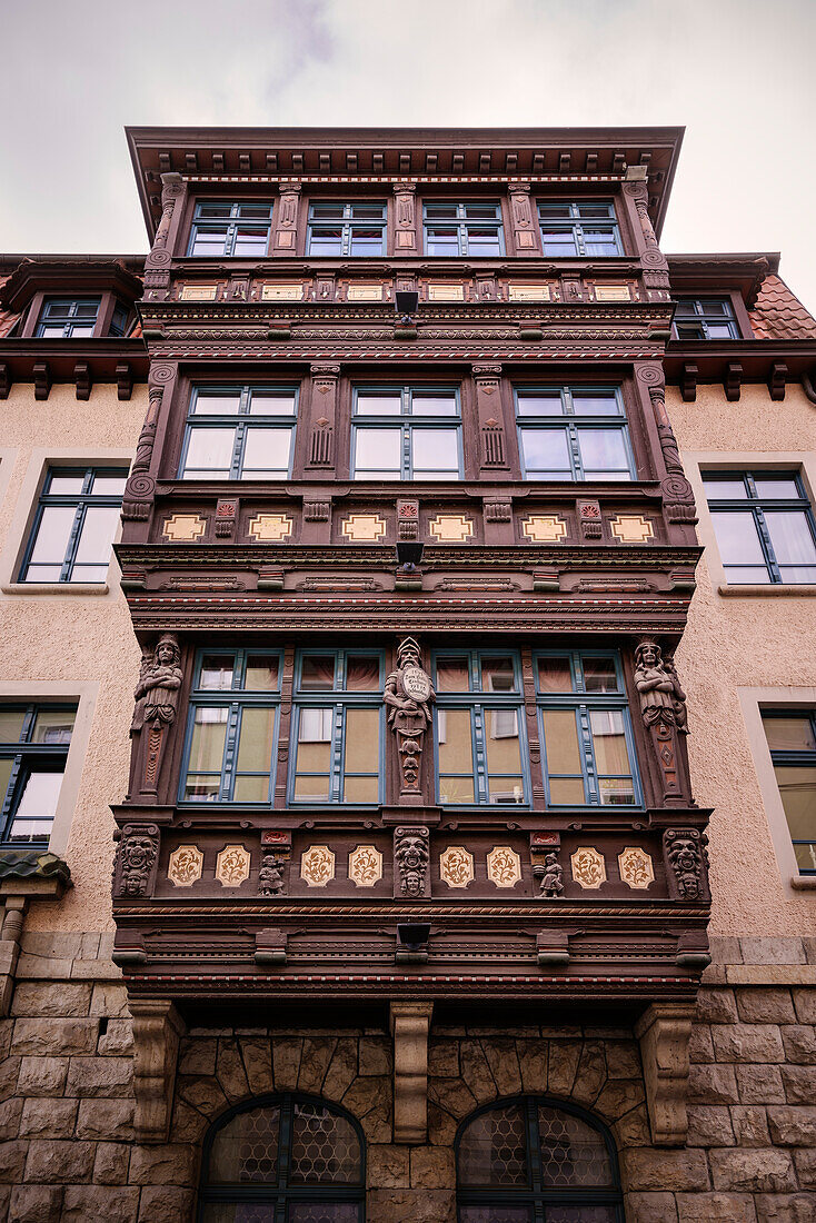 Magnificent carvings on house facades, Meiningen, Thuringia, Germany, Europe