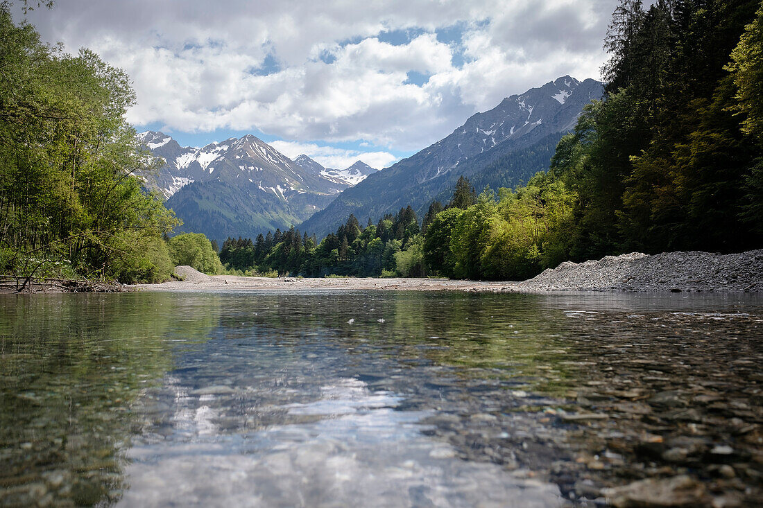 View over the Stillach (river) in the Stillach Valley near Oberstdorf, Oberallgäu, Allgäu, Bavaria, Germany, Europe