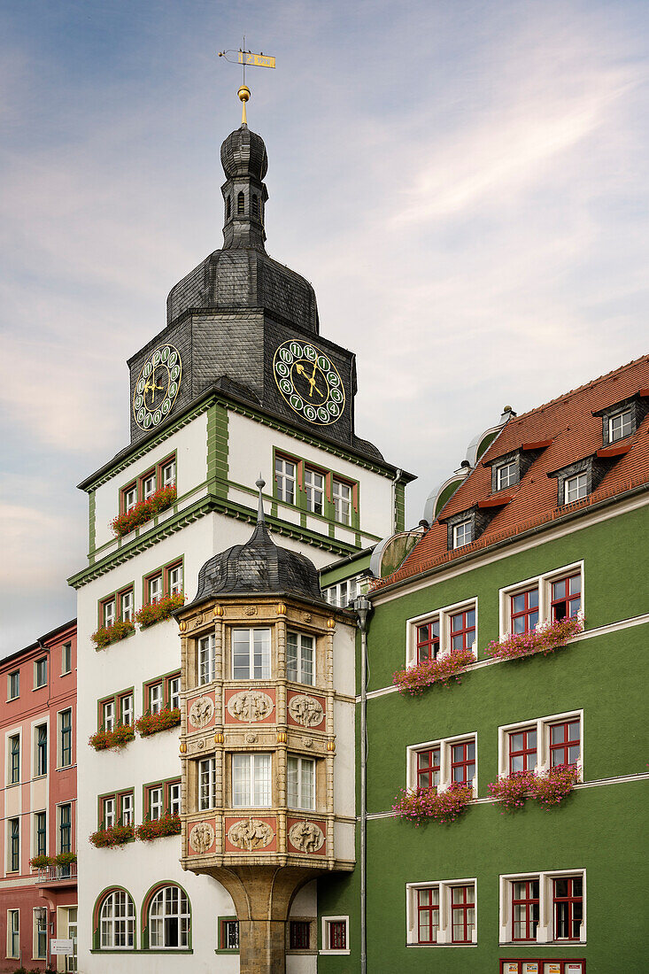 Town hall tower of Rudolstadt, district of Saalfeld-Rudolstadt, Thuringia, Germany, Europe