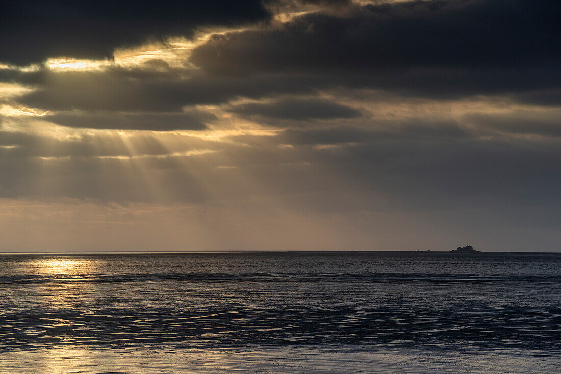 Wattenmeer mit Hallig Südfall im Abendlicht, Nordfriesland, Schleswig-Holstein, Deutschland, Europa