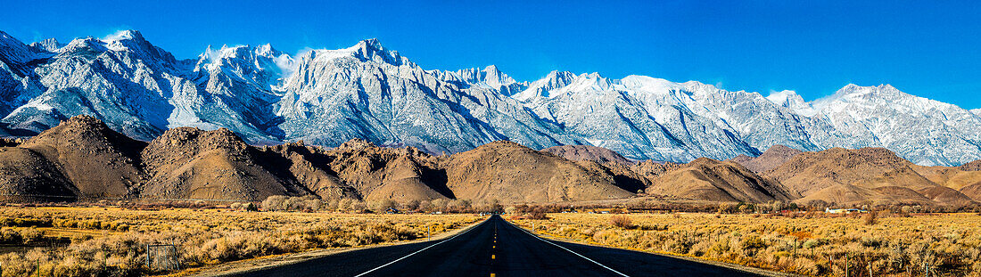 Panoramic 'Mt. Whitney powder', Sierra Nevada and Alabama Hills starring Mt. Whitney, Lone Pine, California, USA