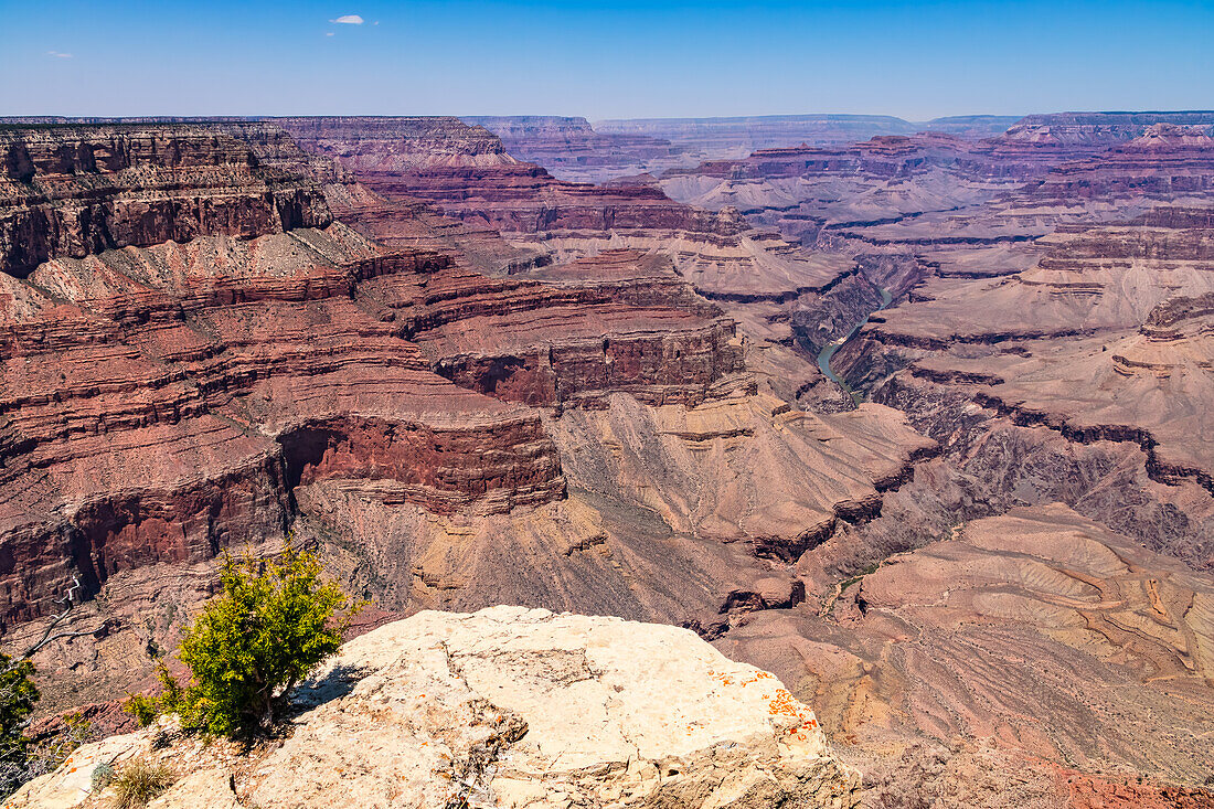 View into the deep gorge of the Grand Canyon with the Colorado River far below, Grand Canyon National Park, Arizona, United States