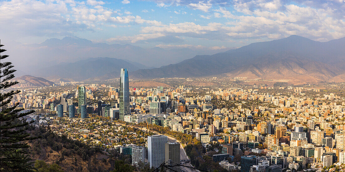 Panoramic view from the viewpoint at Cerro San Cristobal in Santiago de Chile, Chile, South America