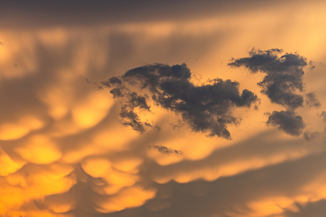 Dunkle Wolken vor einer gelb leuchtenden Wolkenformation beim Sonnenuntergang, Darmstadt, Deutschland