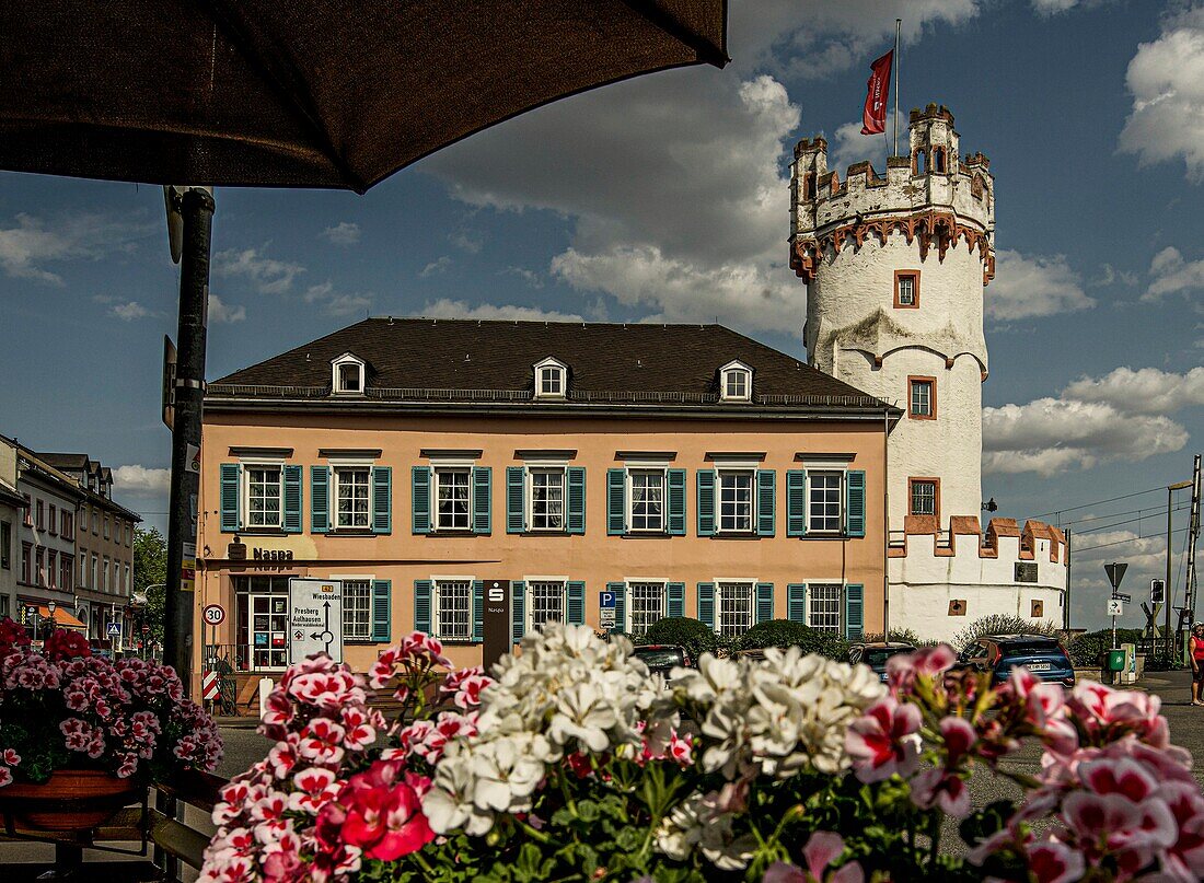 Blick von der Terrasse eines Cafés in der Altstadt von Rüdesheim auf den Adlerturm, Oberes Mittelrheintal, Hessen, Deutschland