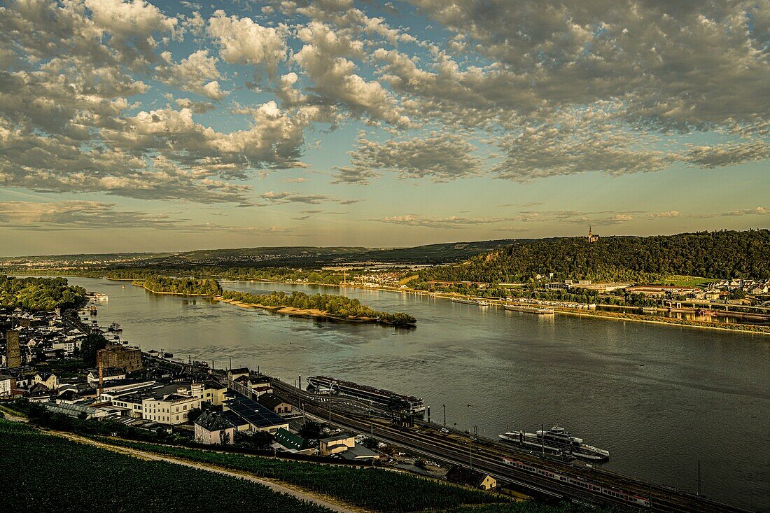 Rüdesheim, die Rüdesheimer Aue und die Rochuskapelle auf dem Rochusberg im Abendlicht, Welterbe Oberes Mittelrheintal, Hessen und Rheinland-Pfalz, Deutschland