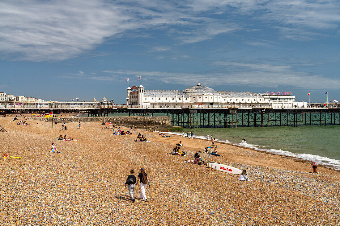 Beach and Brighton Palace Pier in the seaside resort of Brighton, England, United Kingdom, Europe