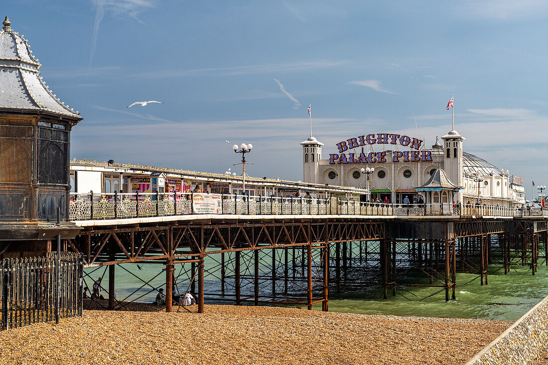Beach and Brighton Palace Pier in the seaside resort of Brighton, England, United Kingdom, Europe