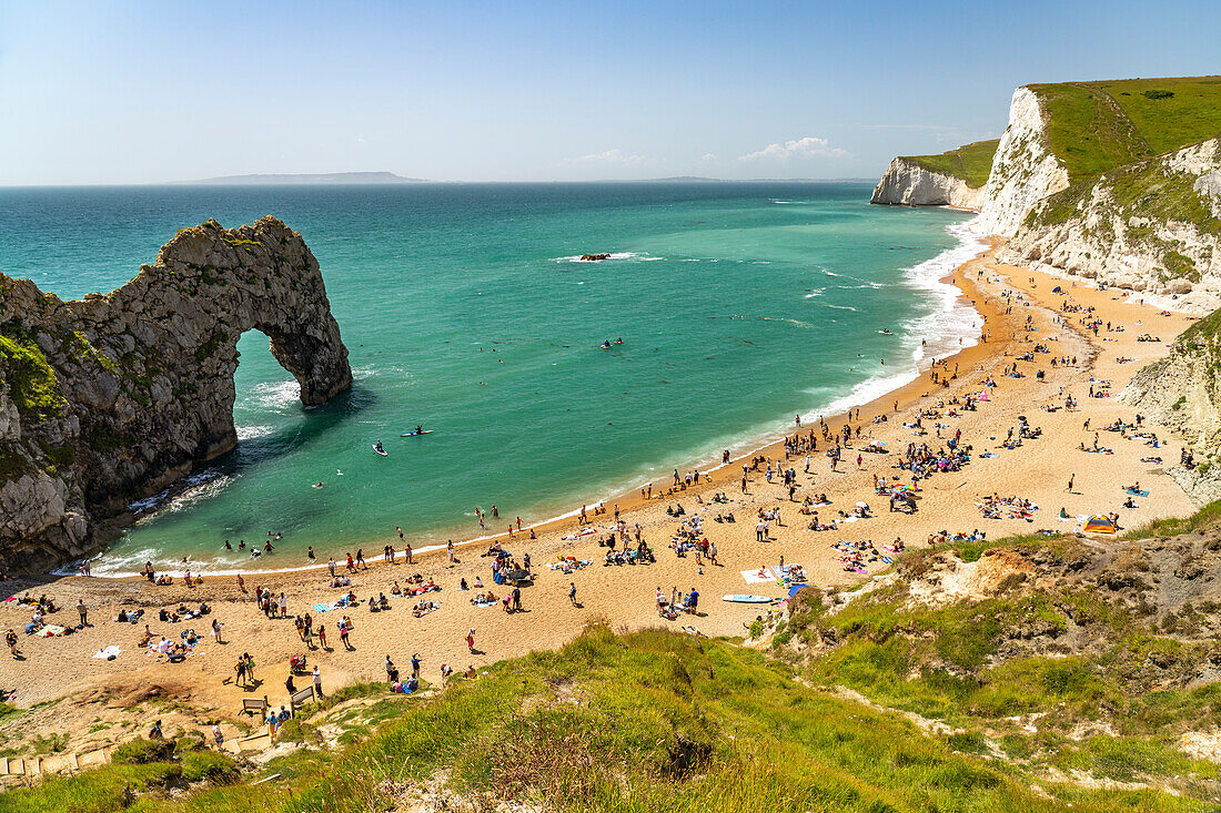 The Durdle Door natural rock bridge and beach on the Jurassic Coast UNESCO World Heritage Site, England, United Kingdom, Europe