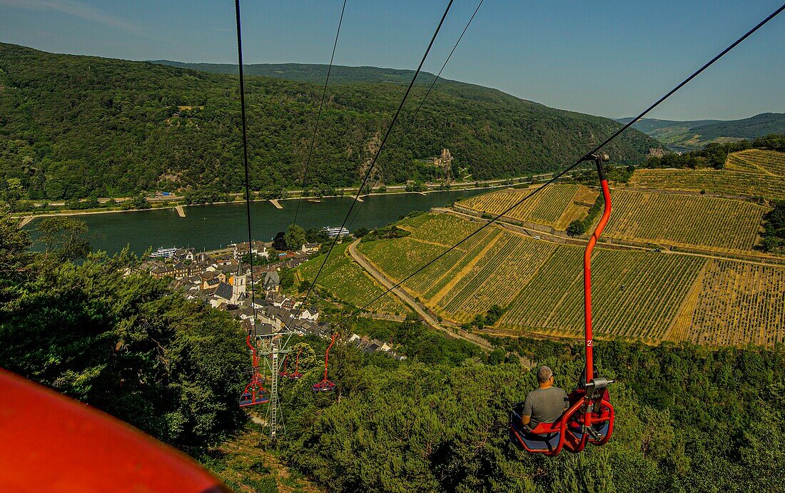View from the chairlift over Assmannshausen, the &quot;Assmannshäuser Höllenberg&quot; and the Rhine Valley, in the background Rheinstein Castle, Upper Middle Rhine Valley, Hesse, Germany