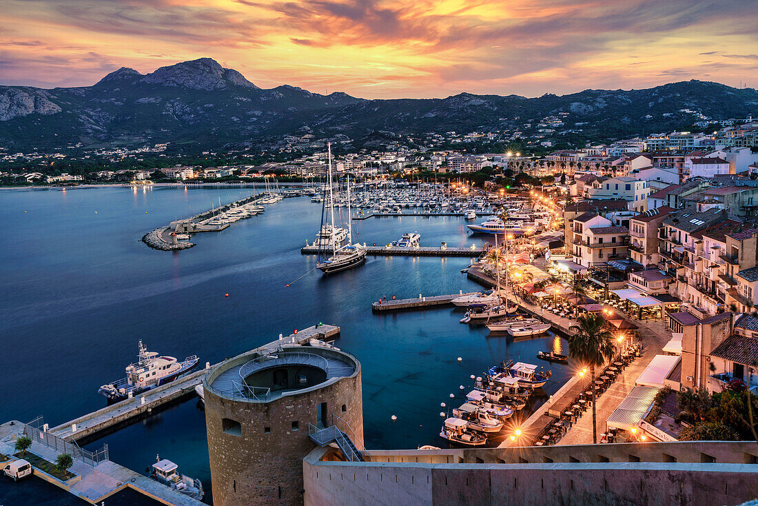 Calvi, fisherman and marina, view from dre fortress, dusk, Corsica, France, Europe