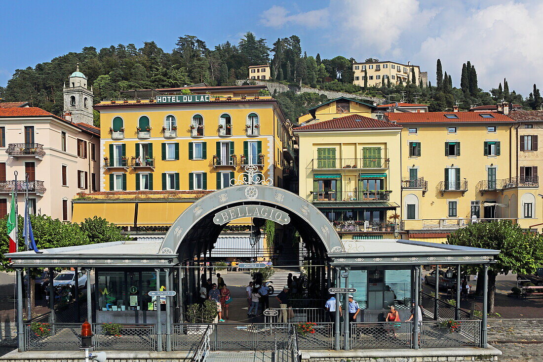 Bellagio jetty with the town and castle, Lake Como, Lombardy, Italy