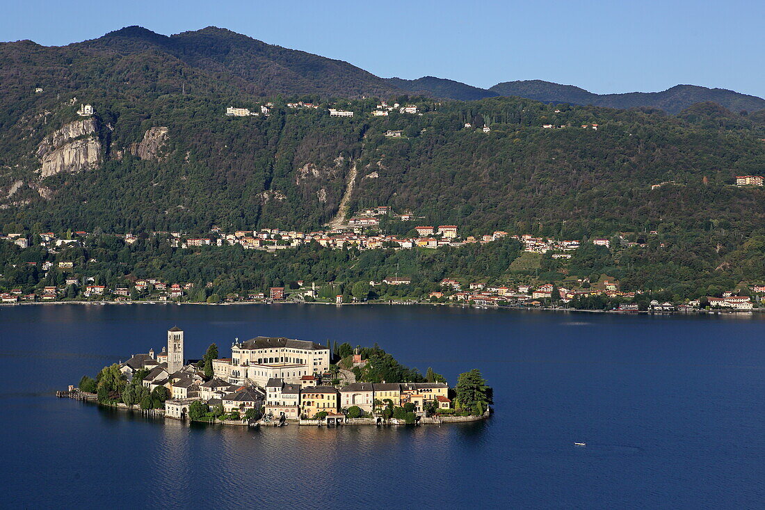 Isola San Giulio in Lake Orta with the Basilica di San Giulio and the Abbey Mater Ecclesiae, Piedmont, Italy