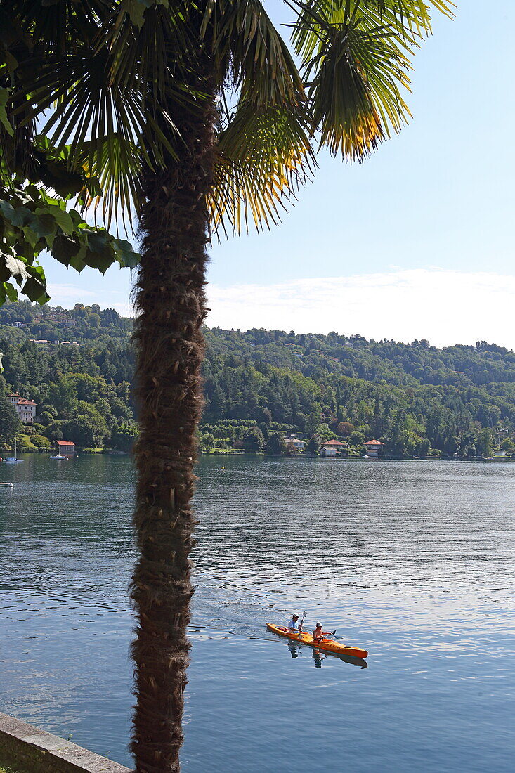 Kayakers on Lake Orta near Orta San Giulio, Piedmont, Italy