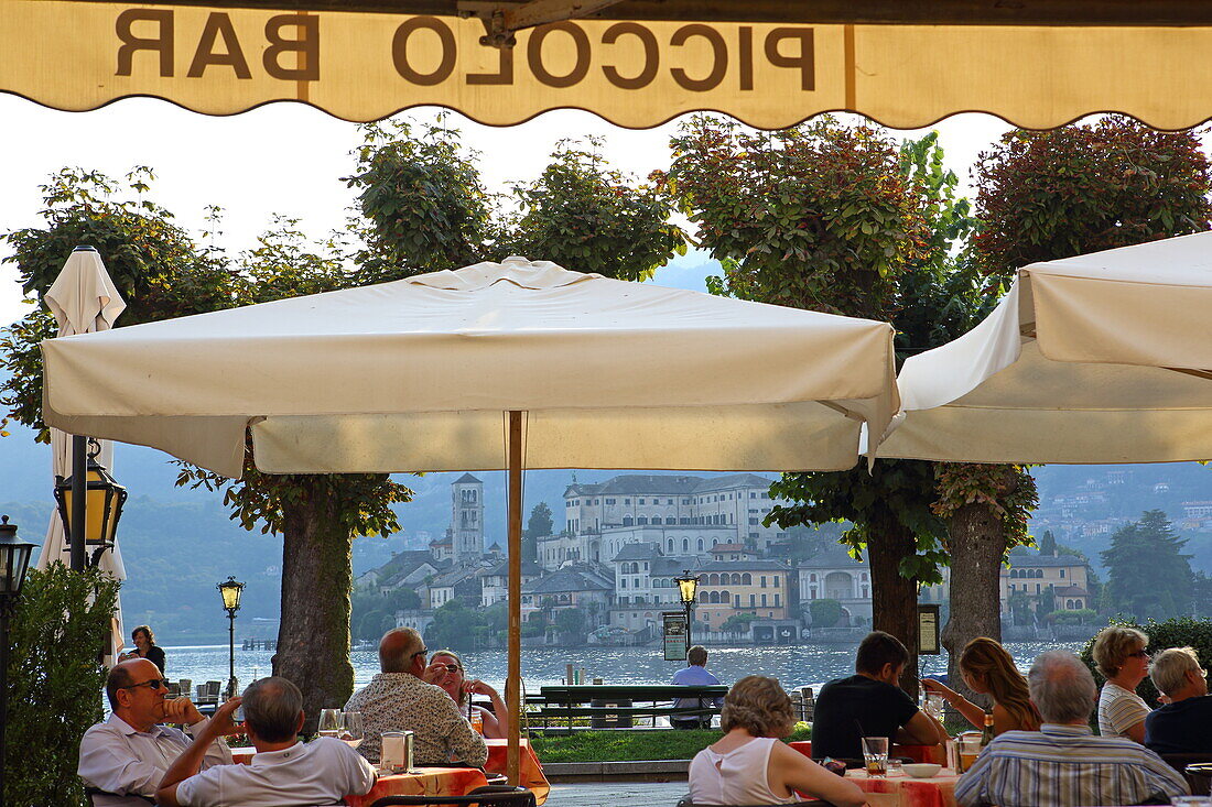 Terrace of the Piccolo Bar in Piazza Motta, Orta San Giulio, Piedmont, Italy