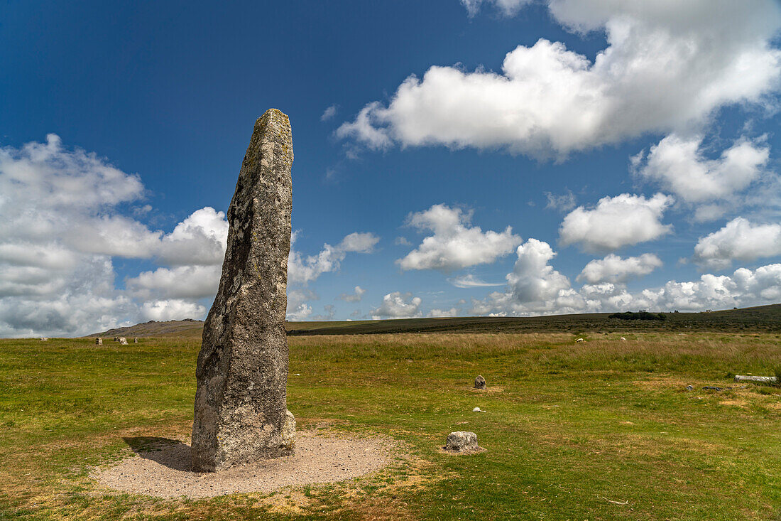 Menhir des Megalithkomplex von Merrivale, Dartmoor, Devon, England, Großbritannien, Europa 