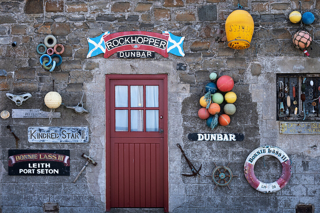 View of fishermen paraphernalia in Dunbar Harbour, East Lothian, Scotland, United Kingdom