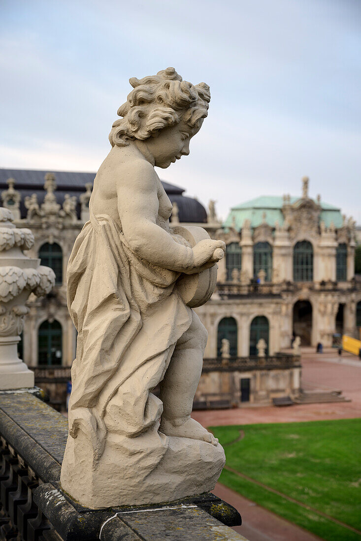 Figure on the railing of the long gallery, Dresden Zwinger, Dresden, Free State of Saxony, Germany, Europe