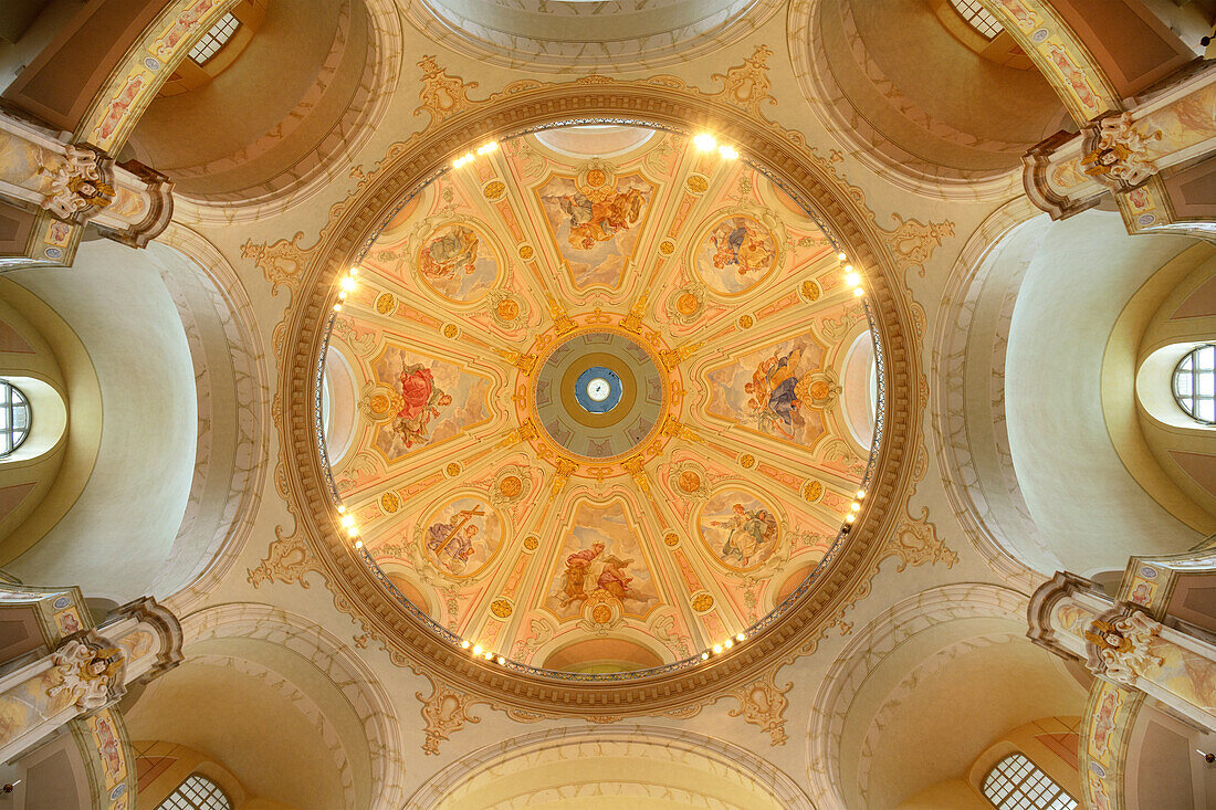 Looking up dome of the Frauenkirche in Dresden, Free State of Saxony, Germany, Europe