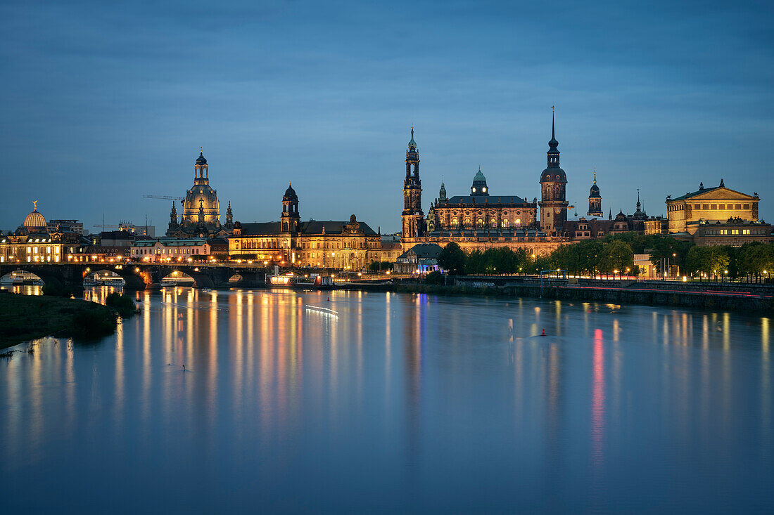 View over the Elbe from Marienbrücke onto the illuminated old town of Dresden, Free State of Saxony, Germany, Europe