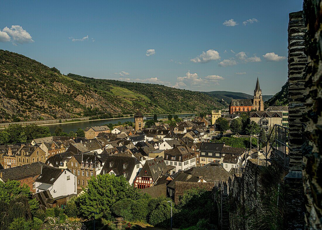 View from the city wall to the old town and the Rhine Valley, Oberwesel, Upper Middle Rhine Valley, Rhineland-Palatinate, Germany