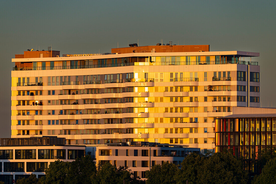 Residential complex at sunrise, luxury apartments, Cologne, North Rhine-Westphalia, Germany, Europe