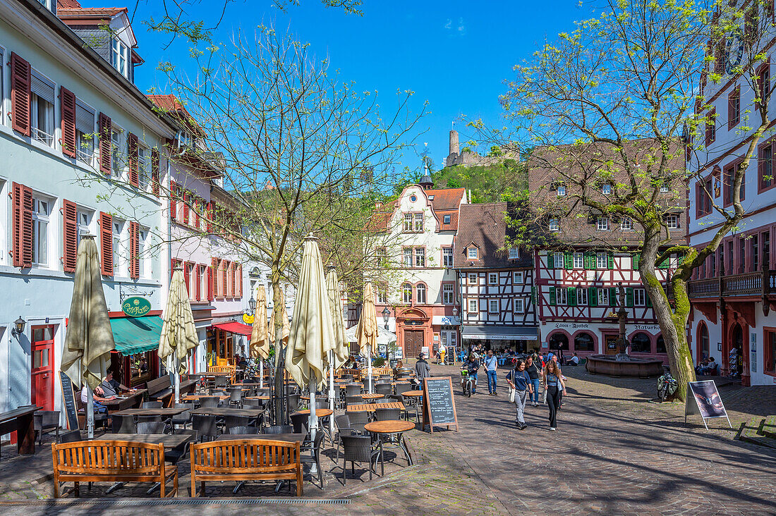 Street cafes on the market square in Weinheim, Odenwald, GEO Nature Park, Bergstrasse-Odenwald, Baden-Württemberg, Germany
