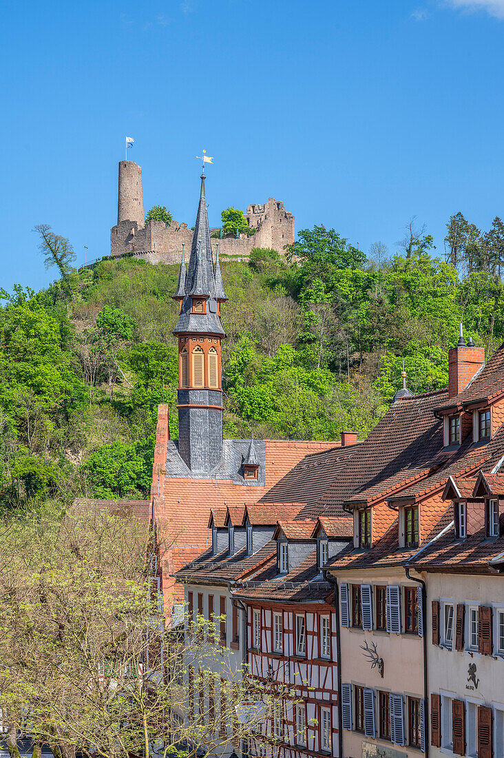 Blick vom Marktplatz in Weinheim zur Burgruine Windeck, Odenwald, GEO-Naturpark, Bergstraße-Odenwald, Baden-Württemberg, Deutschland