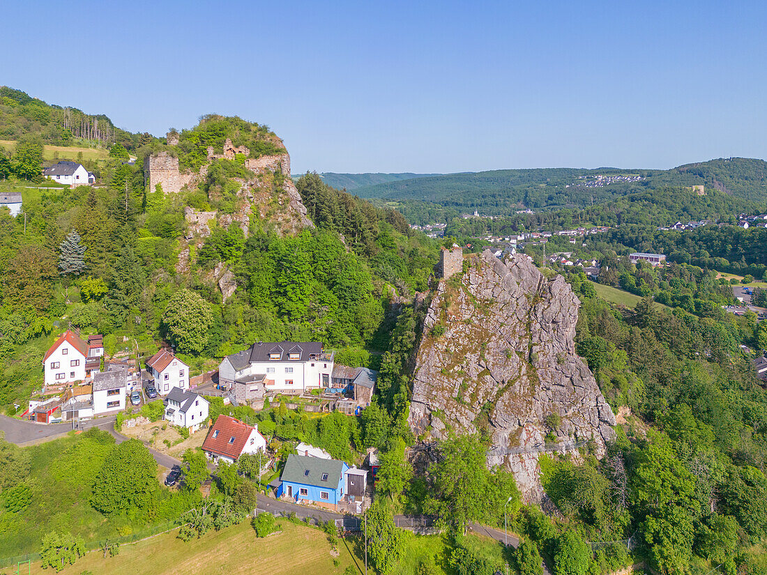 Aerial view of the Kallenfels ruins in Kirn, Kallenfels district, Nahe valley, Hunsrück, Rhineland-Palatinate, Germany