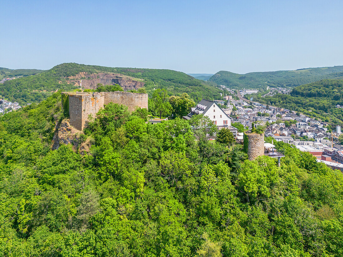 Aerial view of the Kyrburg, Kirn, Nahetal, Hunsrueck, Rhineland-Palatinate, Germany