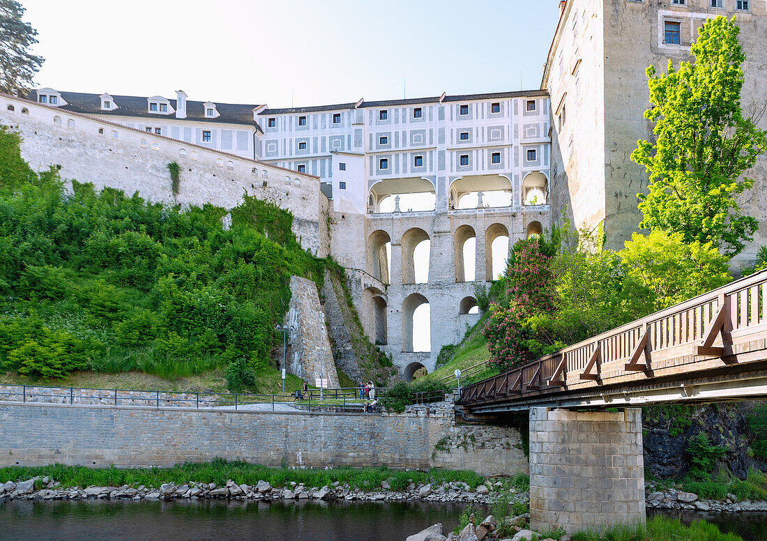 Castle and Cloak Bridge over the Vltava River in Český Krumlov in South Bohemia in the Czech Republic