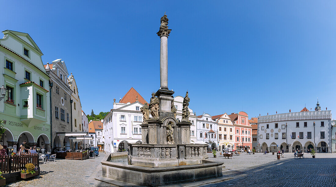 Náměstí Svornosti with Marian Column and Town Hall in Český Krumlov in South Bohemia in the Czech Republic