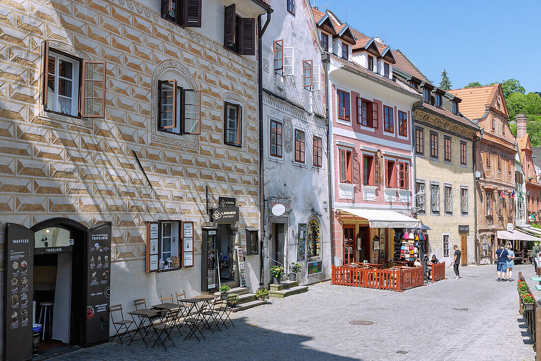 Alley Kostelni with magnificent town houses in the old town of Český Krumlov in southern Bohemia in the Czech Republic