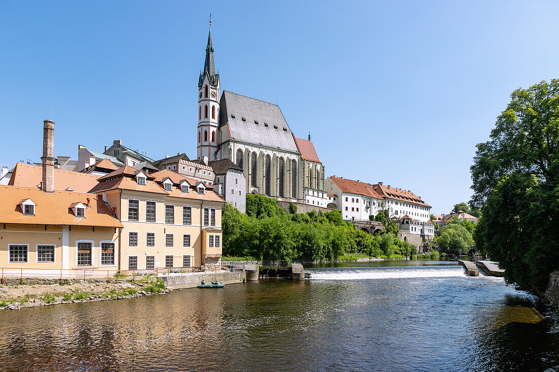 Church of St. Vitus over the Vltava River in Český Krumlov in South Bohemia in the Czech Republic