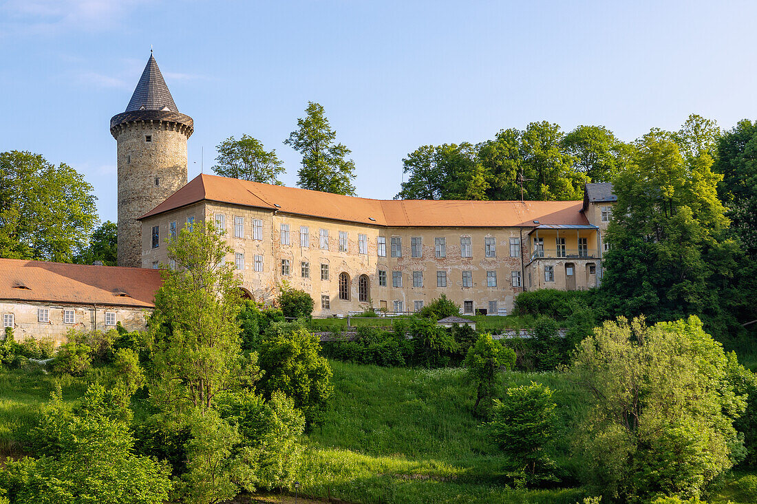 Upper Rožmberk Castle with Jakobína Tower in Rožmberk nad Vltavou in South Bohemia in the Czech Republic