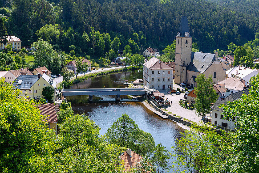 Rožmberk nad Vltavou with Church of St. Nicholas in South Bohemia in Czech Republic