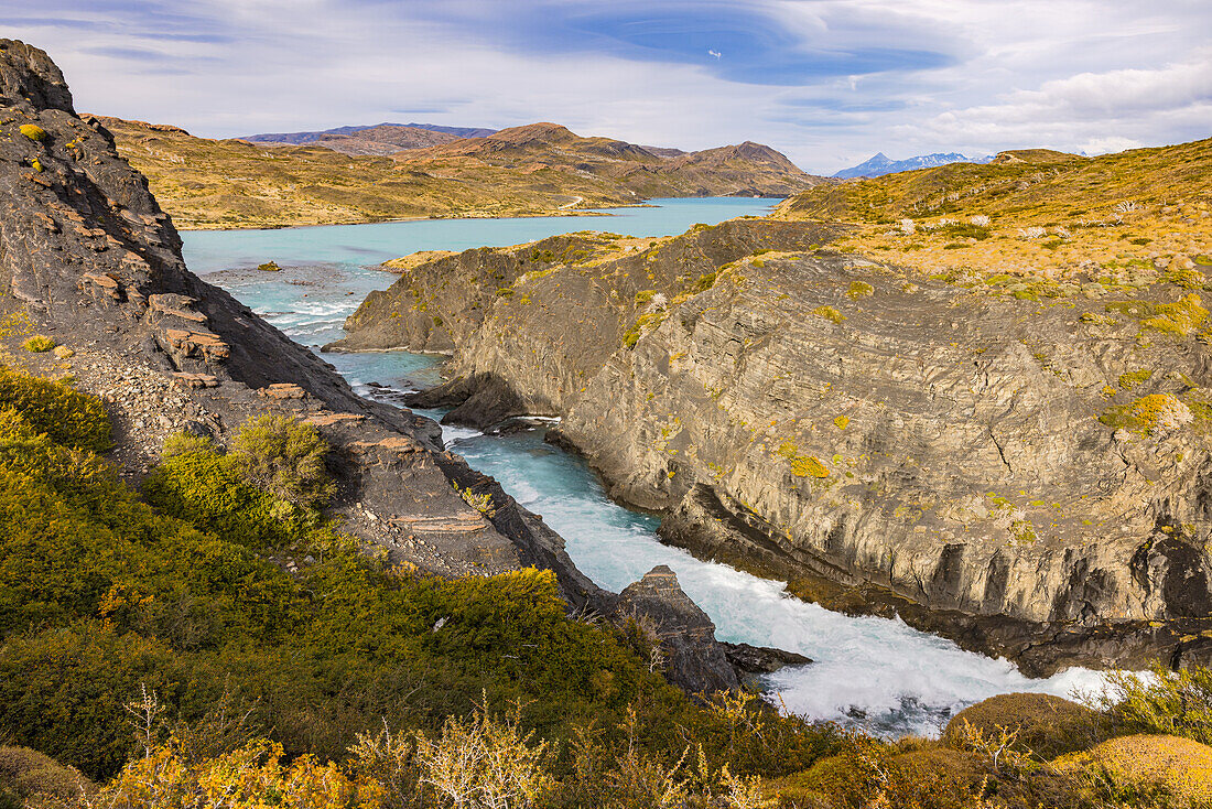 The canyon on the Rio Paine River at the Salto Grade Waterfall on Lake Pehoe in Southern Chile, Patagonia, South America