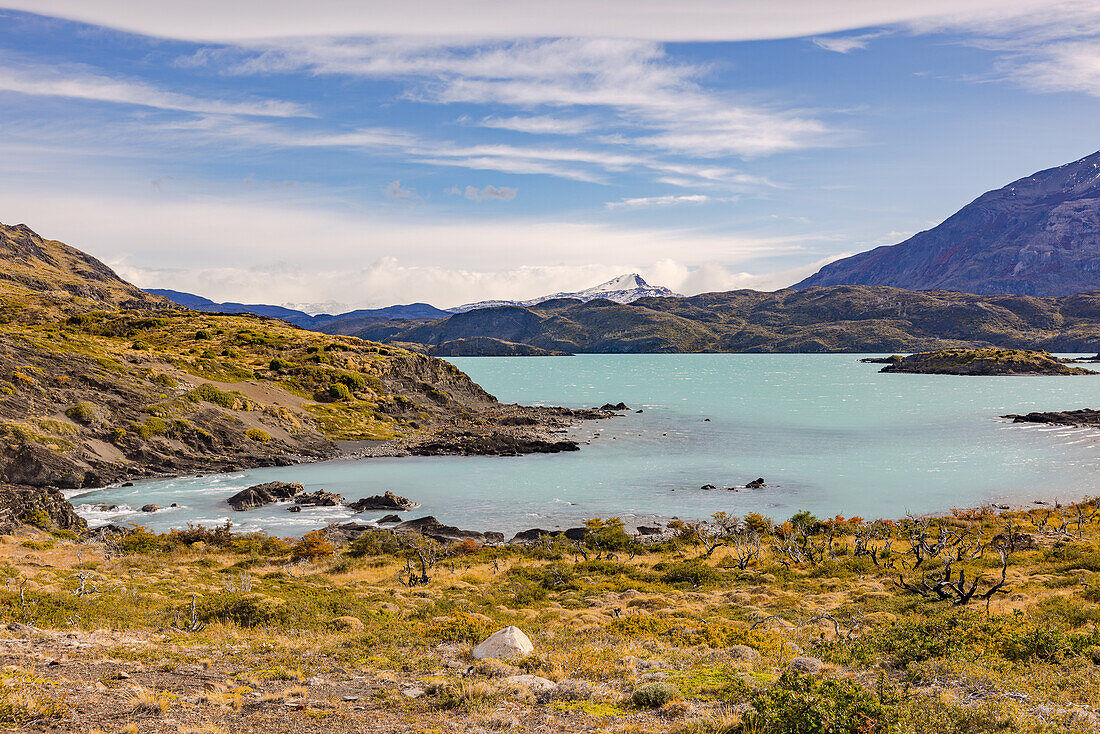 View of Lago Nordernskjold and the mountains above Salto Grade in Torres del Paine National Park, Chile, Patagonia