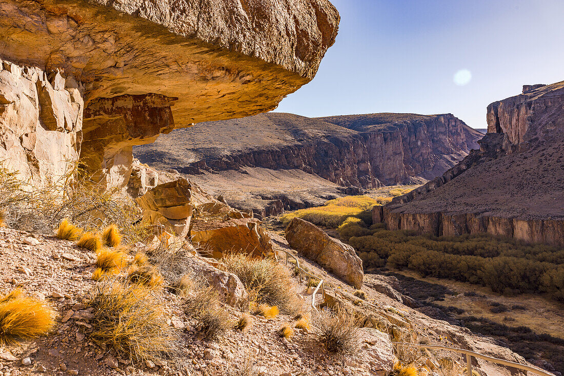 View of the Río Pinturas canyon with the rock formations at the Cueva de las Manos, Argentina, Patagonia, South America