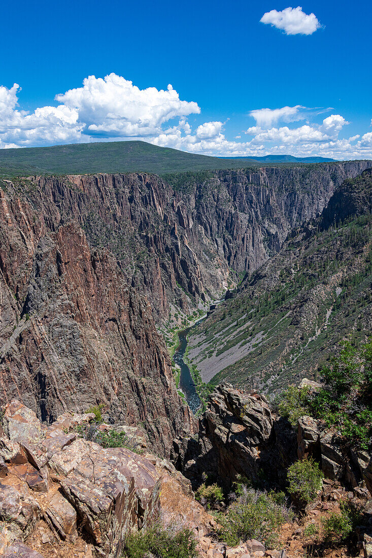 Ausblick auf steile Wände und schwarze Felsen im Black Canyon, Gunnison-Nationalpark, Colorado, USA