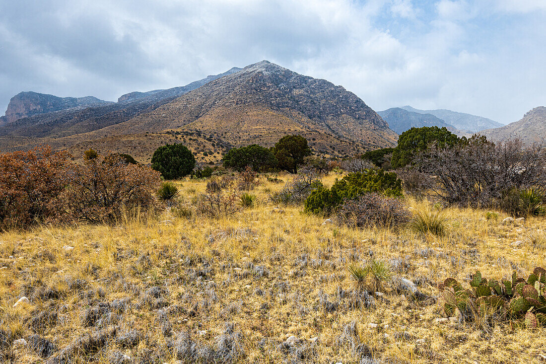 View of the mountains with a touch of snow on the peaks.