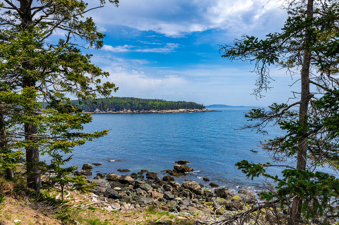 Blick auf den Atlantischen Ozean vor dem Strand von Little Hunters, Insel Mount Desert Island, Acadia-Nationalpark, New England, Maine, USA