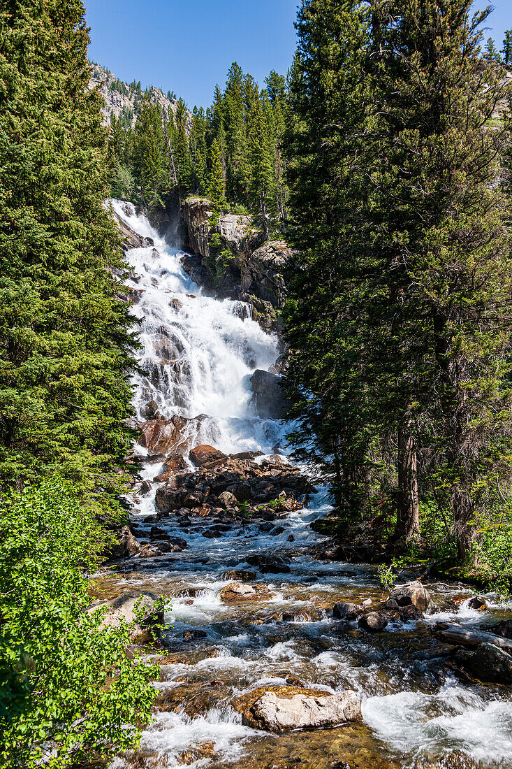 Blick auf den Wasserfall Hidden Falls auf dem Jenny Lake Trail, Grand Teton Nationalpark, Wyoming, USA