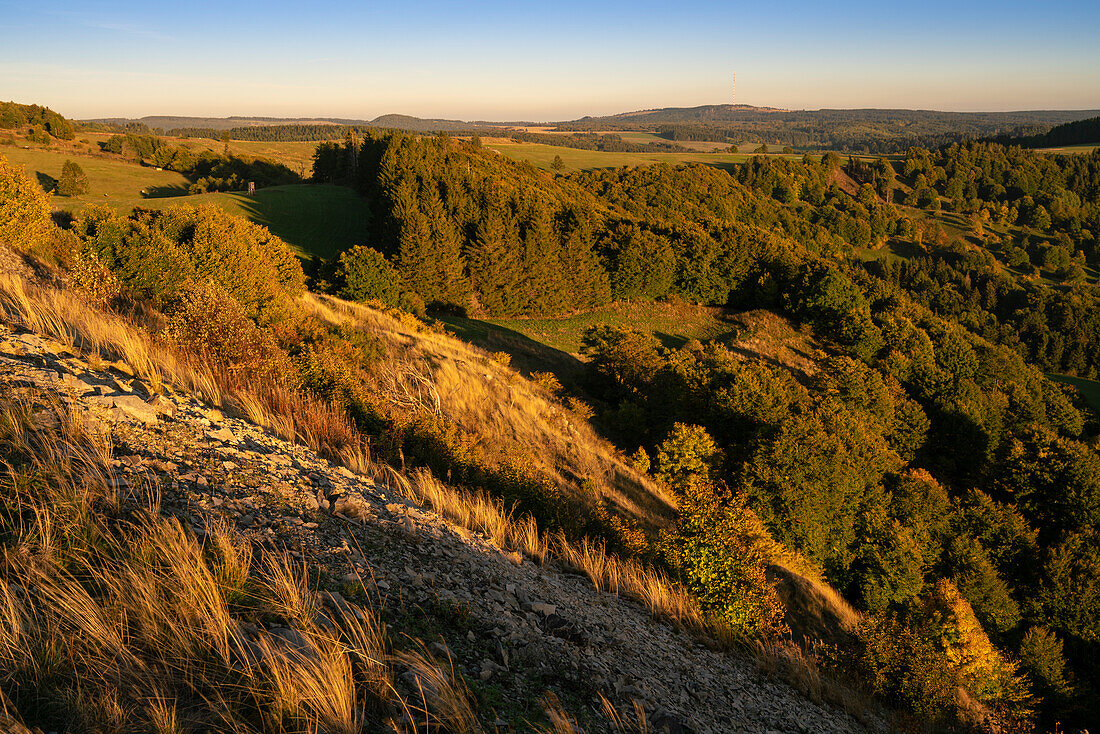 Sonnenuntergang am Pferdskopf im Biosphärenreservat Rhön im Herbst, Hessen, Deutschland