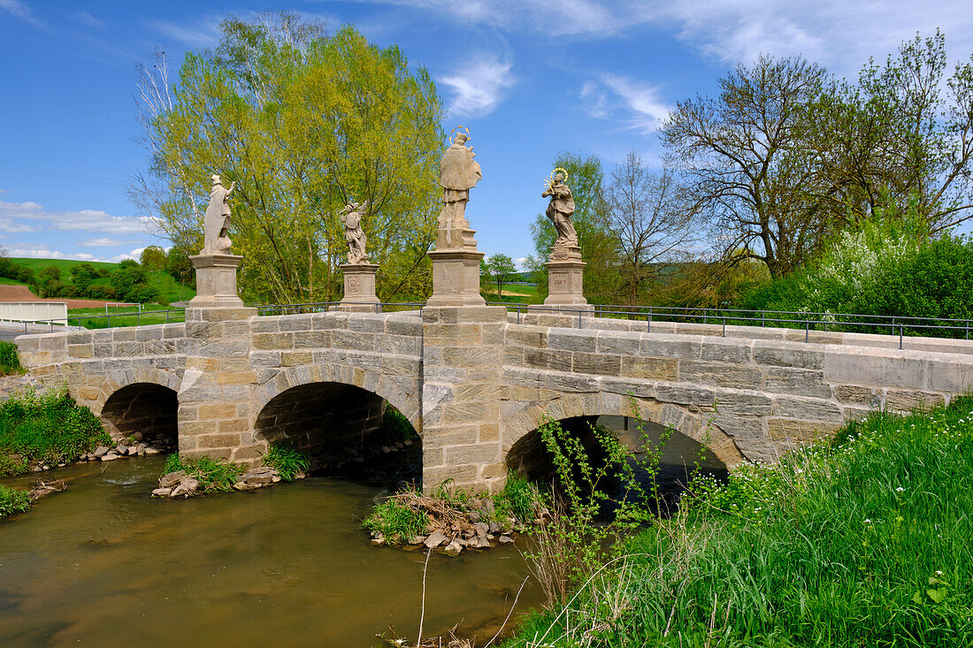 The Baunach Bridge in Frickendorf, town of Ebern, Haßberge Nature Park, Haßberge district, Lower Franconia, Franconia, Bavaria, Germany