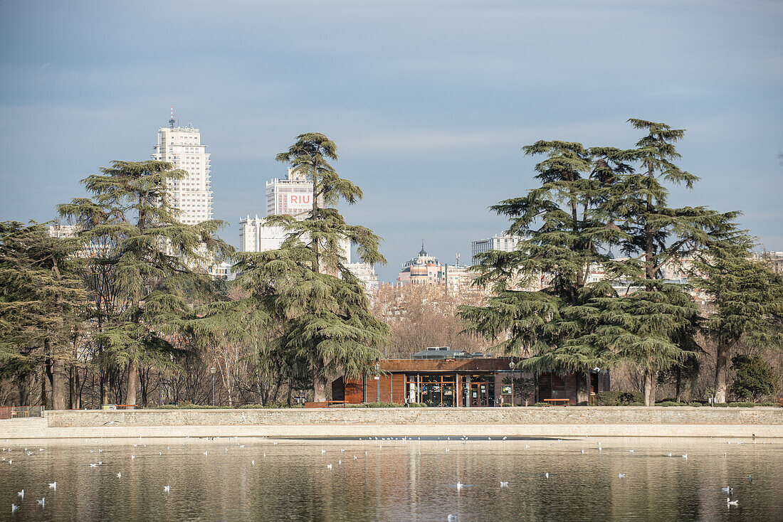 Casa de Campo lake and city skyline, Madrid