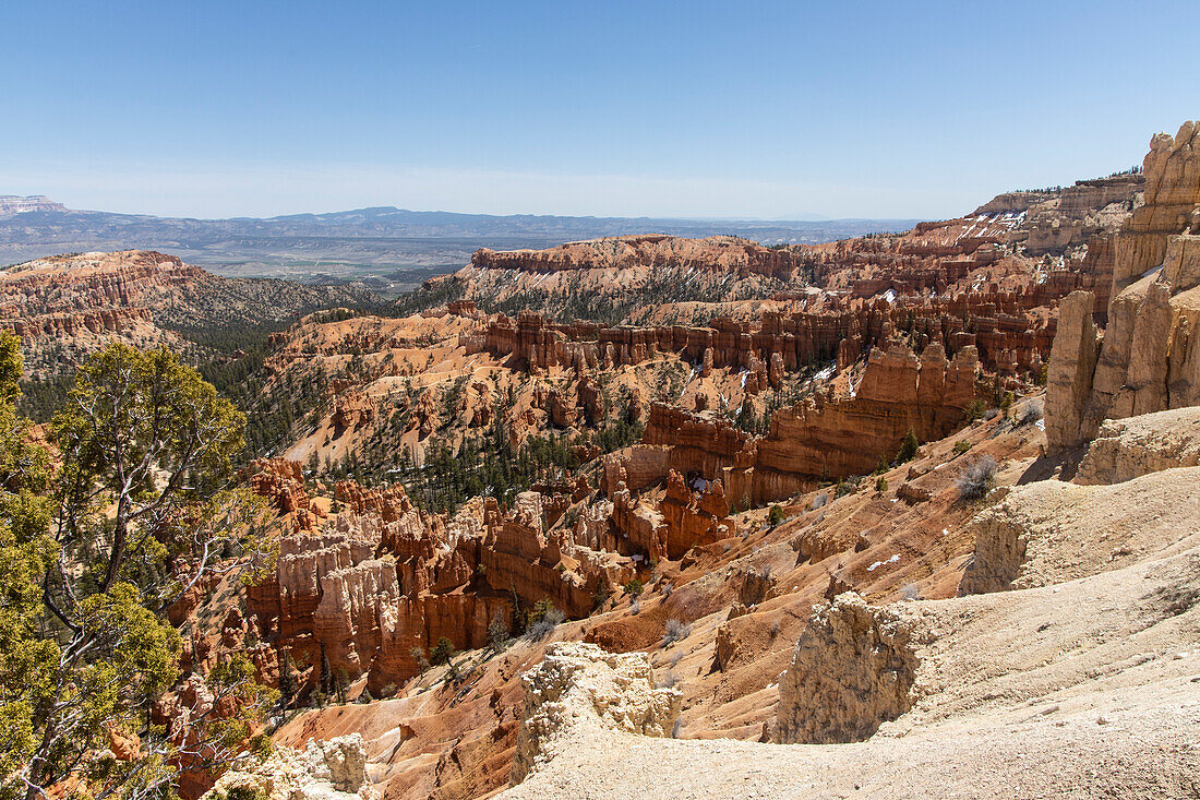 Weiter Blick auf Felsformationen und Felsnadeln am Amphitheater im Bryce Canyon National Park, Utah, USA