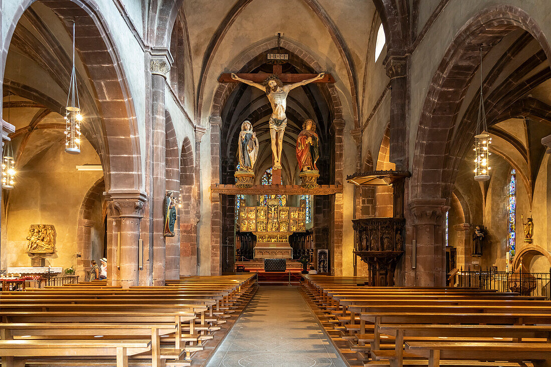 Interior of the Holy Cross Church of Invention-de-la-Sainte-Croix in Kaysersberg, Alsace, France