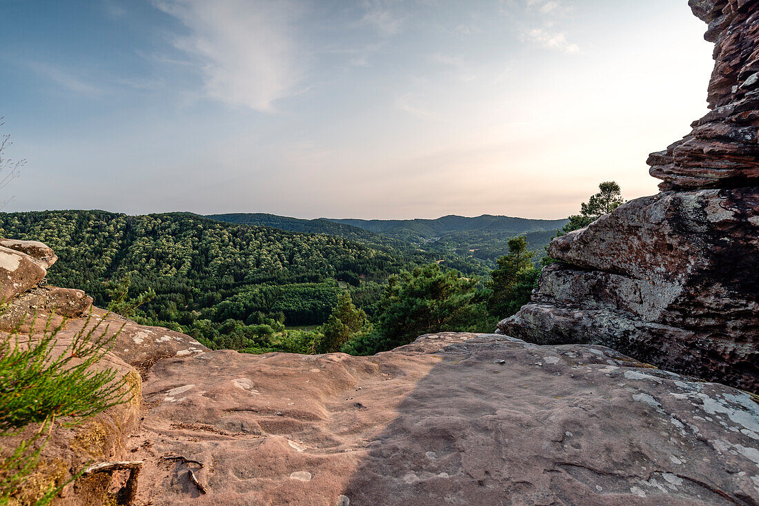 At the top of the Geiersteine rock formation with a view of the valley, Wernersberg, Palatinate Forest, Rhineland-Palatinate, Germany